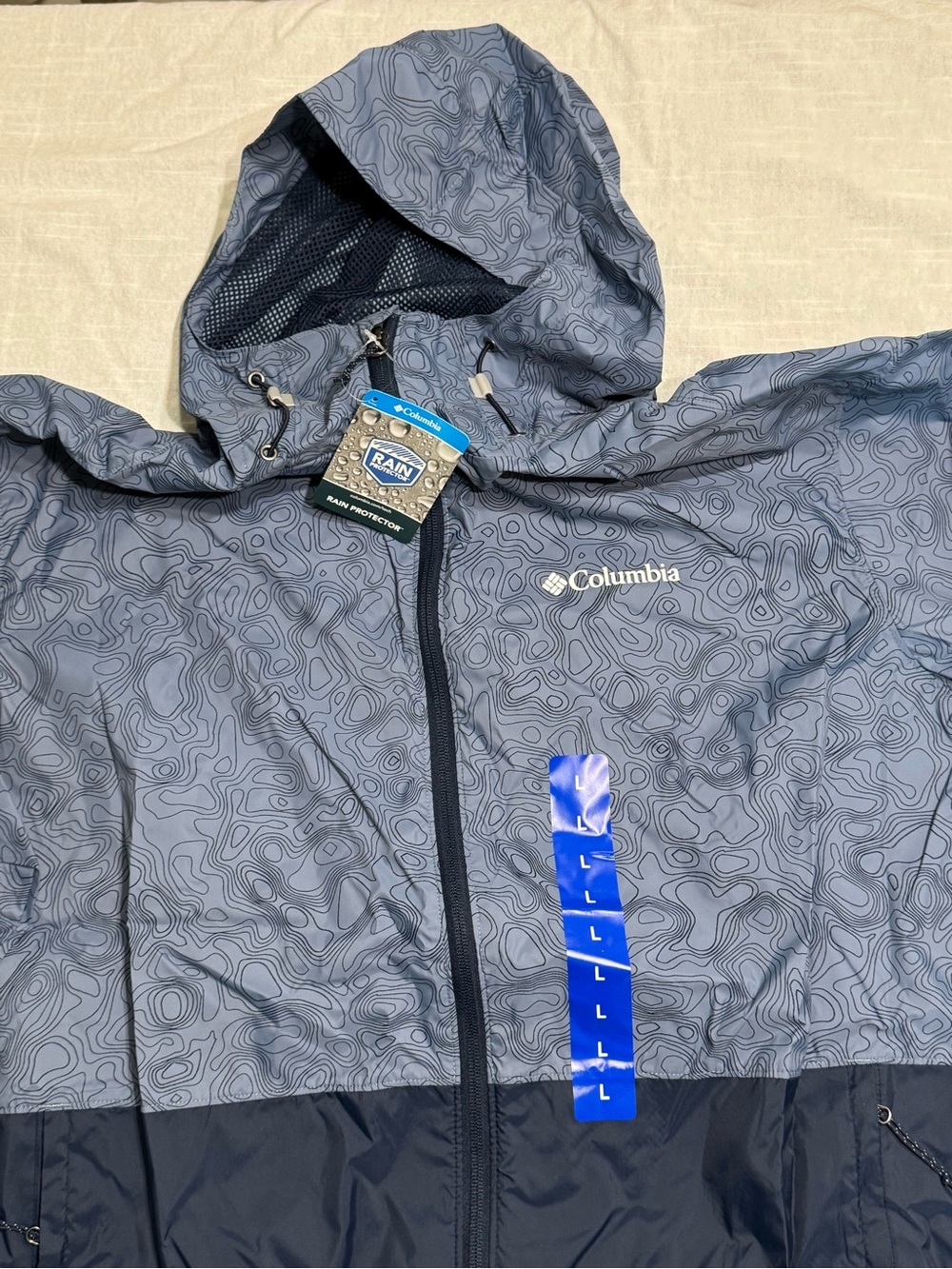 NWT COLUMBIA Men’s Roan Mountain Rain Jacket Mountain Topo Print/Navy - Picture 2 of 3